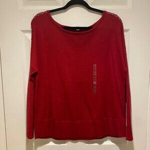 NWT Isela Scarlet Red Embellished Long Sleeve Round Neck Pullover Sweater Size L